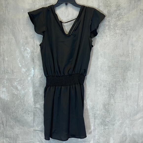 LUNA CHIX Women's Solid Black Flutter Sleeve Double V-Neck Smocked Waist Mini - Picture 2 of 9